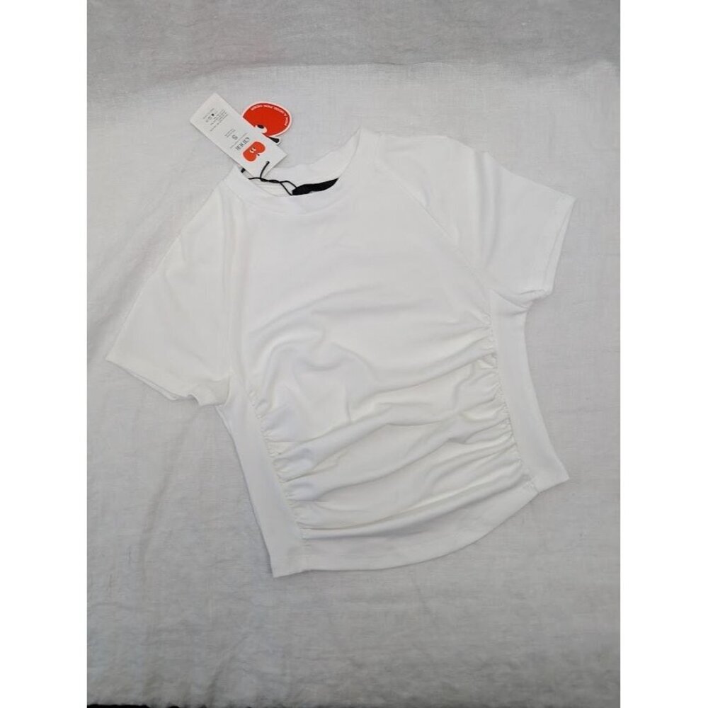NWT Cider women's size small cropped white t-shirt sinched detail